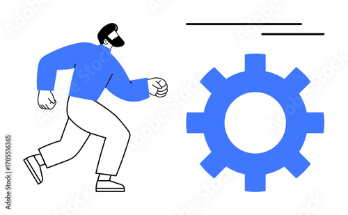 Man walking briskly toward blue gear, symbolizing focus, effort, progress, and innovation. Ideal for teamwork, engineering, leadership, motivation goal setting career development simple flat