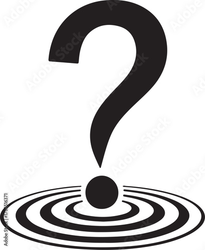 Vector art of a question mark hovers over concentric circles, symbolizing uncertainty and the ripple effect of inquiry
