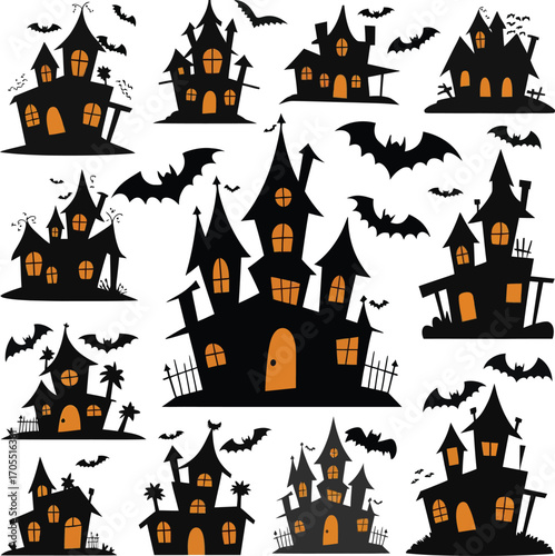 Vector art of assortment of haunted houses and bats, great for halloween decorations, spooky invitations, or ghostly themed designs