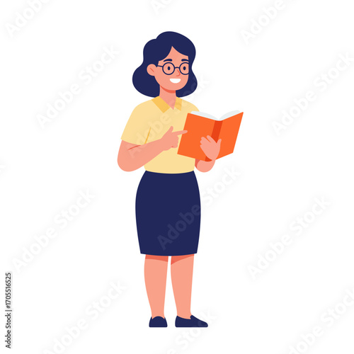 Illustration of a smiling woman in glasses and a yellow shirt holding an open book