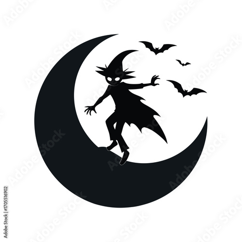 Silhouette of Spooky Character on Crescent Moon with Flying Bats Halloween Vector Illustration