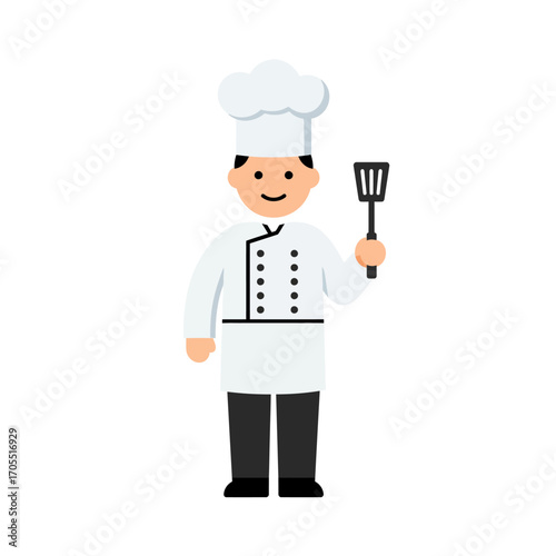 A cartoon chef holding a spatula, ready to cook delicious food in the kitchen, isolated on white