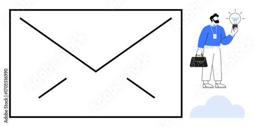 Man with ideas and a briefcase standing by giant envelope, symbolizing communication, creativity, business, solutions, innovation. Ideal for teamwork, email, strategy productivity leadership