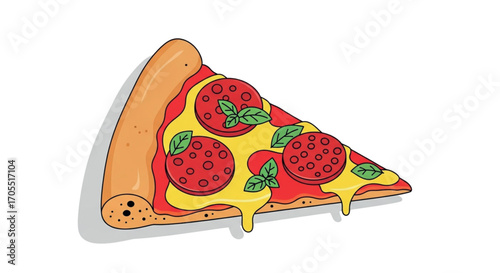Delicious slice of pepperoni pizza with melted cheese and basil.