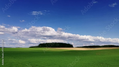 Beautiful white clouds drift across a blue sky over a green field and forest in this serene 4K timelapse video.