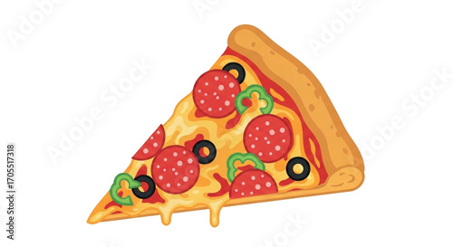Delicious Slice of Pepperoni Pizza with Olives and Green Peppers.