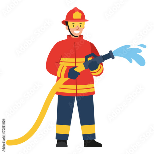Cheerful firefighter character in a protective uniform spraying water from a yellow hose