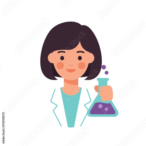 Cheerful female scientist cartoon character holding a flask, symbolizing research, discovery, and innovation