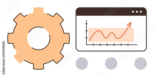 Gear representing process optimization, browser window with growing line chart symbolizing data analytics, and three dots for additional tools. Ideal for productivity, strategy, efficiency, workflow