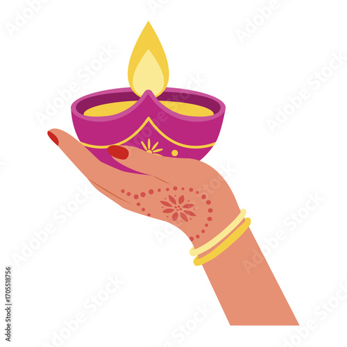 Female hand with mehndi holding a traditional Diwali diya lamp with glowing flame.Vector Illustration