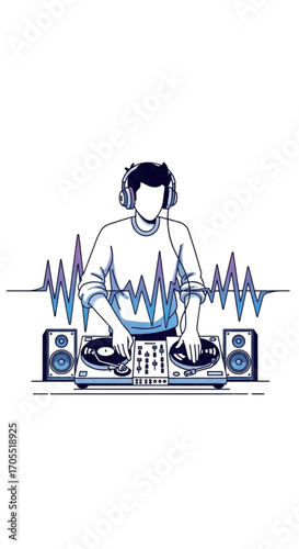 DJ playing music on turntables with headphones and speakers.