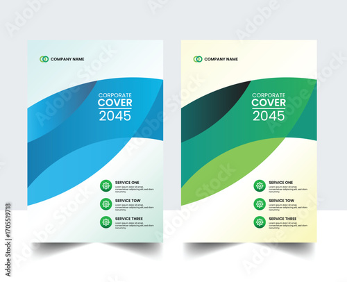 Modern corporate cover template design with abstract blue and green wave shapes, professional business brochure layout for 2045 annual report, flyer, or company presentation.