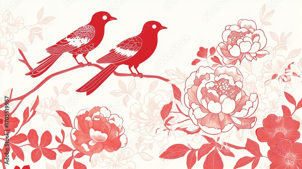 Fototapeta premium Create a minimalist paper-cut style illustration for a Chinese wedding, featuring two magpies and peony flowers, with clean lines and a traditional red and white color scheme, in a simple and elegant 