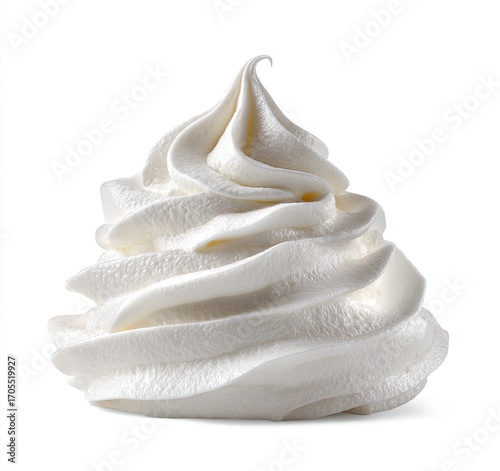 Whipped cream, a single dollop, fluffy, and textured, against a plain white background