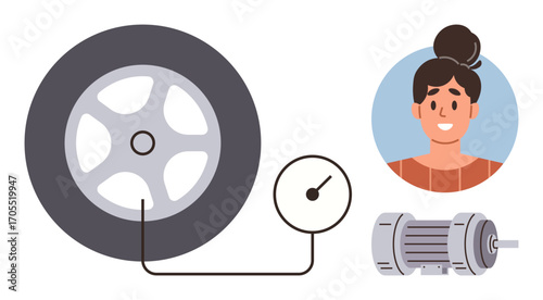 Tire with pressure gauge connected, motorized air pump, and smiling person. Ideal for automotive care, maintenance, repairs, workshops, safety checks tutorials efficiency. Simple flat metaphor