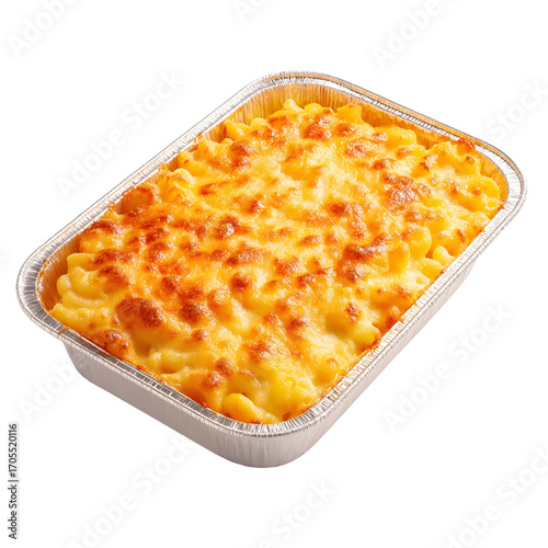 Delicious baked mac and cheese in foil container on transparent background