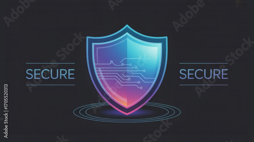 Digital shield with secure text on dark background, representing cybersecurity, data protection, and online safety