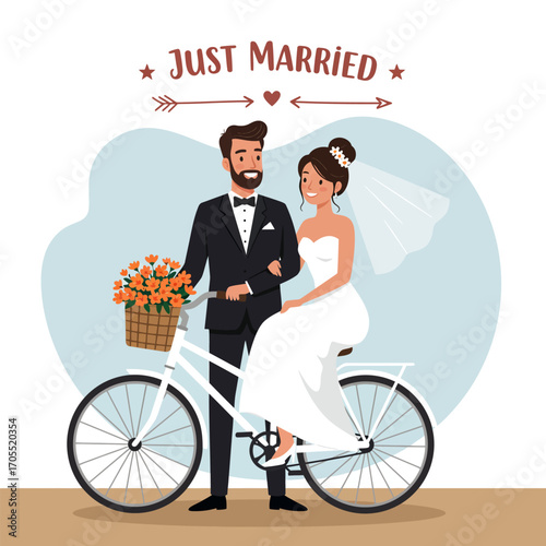 Bride and groom riding a tandem bicycle, vector illustration