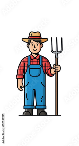 Farmer holding a pitchfork standing in a field.