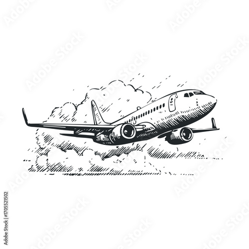 Airplane taking off with clouds in the background for travel design. Vector illustration