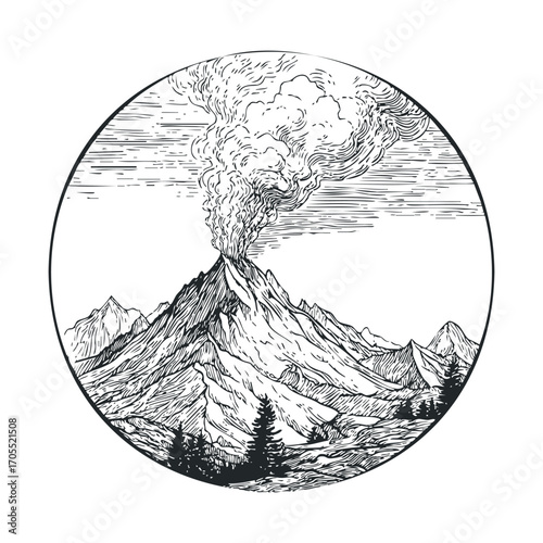 Volcanic eruption in a mountainous landscape with smoke and ash. Vector illustration