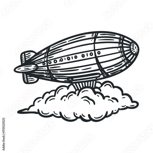 Vintage airship flying over fluffy clouds in a sunny sky. Vector illustration