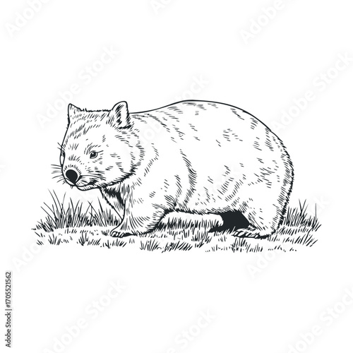 Wombat in natural habitat exploring grass environment. Vector illustration