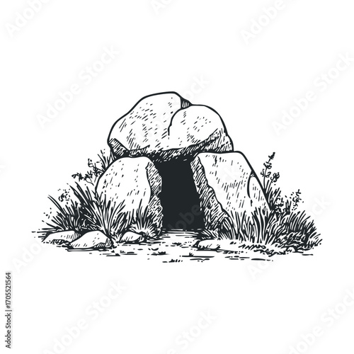 Ancient burial site with large stones and surrounding grass. Vector illustration