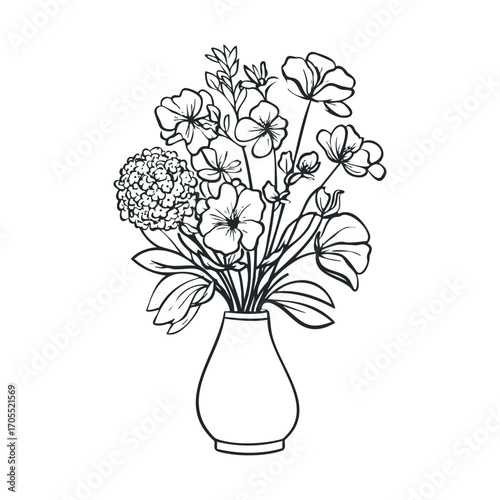 Floral arrangement in a vase for spring decor and design. Vector illustration