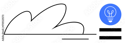 Abstract black cloud-thumbs up shape complemented by a blue light bulb icon. Ideal for creativity, innovation, technology, brainstorming, sustainability, digital transformation, simple landing page