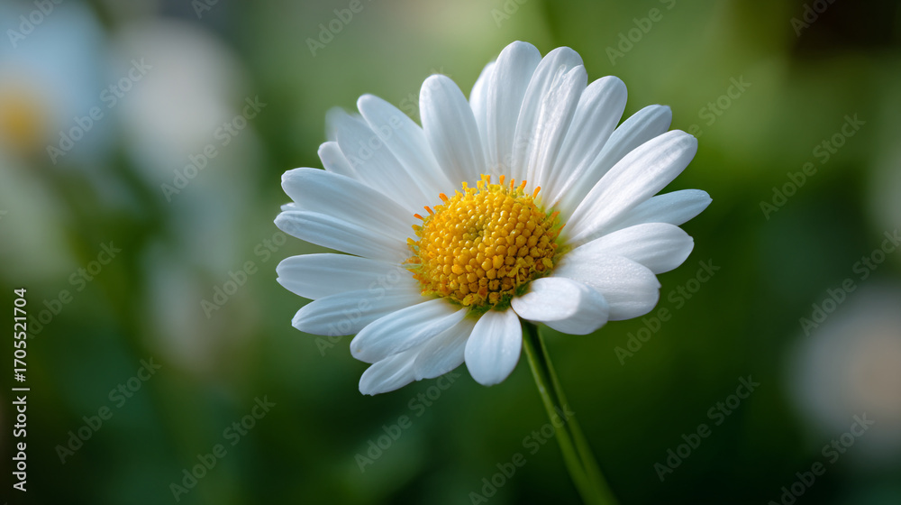 Obraz premium A single daisy with white petals and a yellow center on a green blurred background view