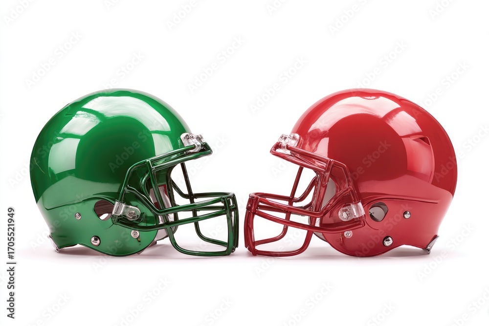 Fototapeta premium Two opposing football helmets, green and red, face off (1)