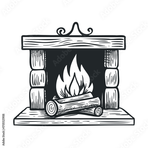 Cozy fireplace setting with logs and warm flames for winter ambiance. Vector illustration