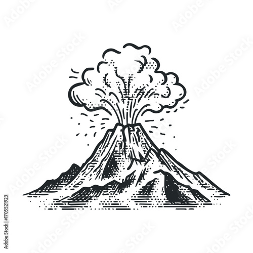 Eruption of a volcano with smoke and ash around mountain landscape. Vector illustration