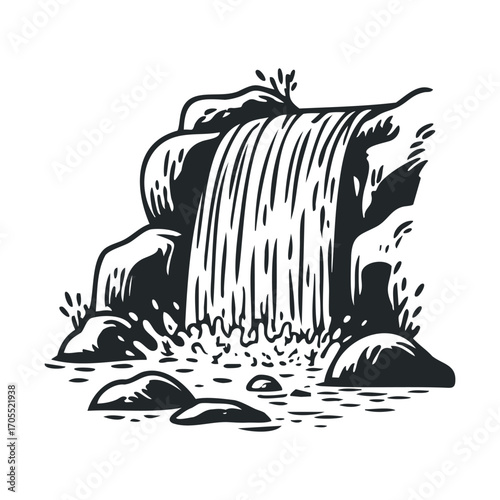 Serene waterfall cascading over rocks with splashes of water. Vector illustration