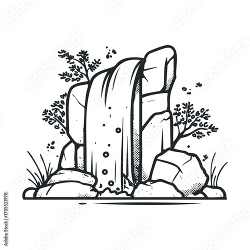 Serene waterfall and rocks surrounded by greenery for nature design. Vector illustration