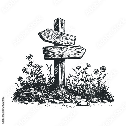 Vintage style wooden signpost surrounded by wildflowers and grass. Vector illustration