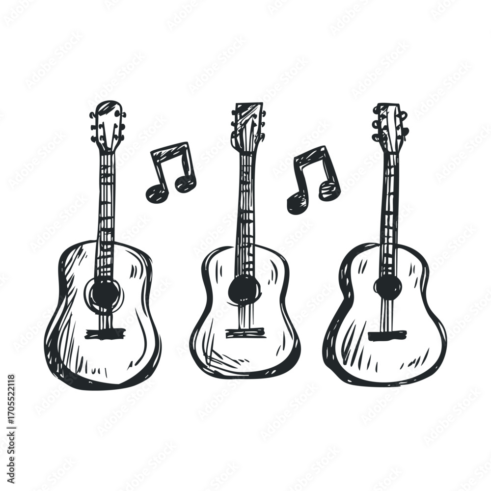 Obraz premium Trio of acoustic guitars with musical notes for creative design. Vector illustration