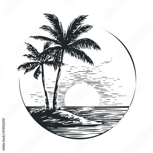 Palm trees at sunset on a tropical beach scene for relaxation. Vector illustration