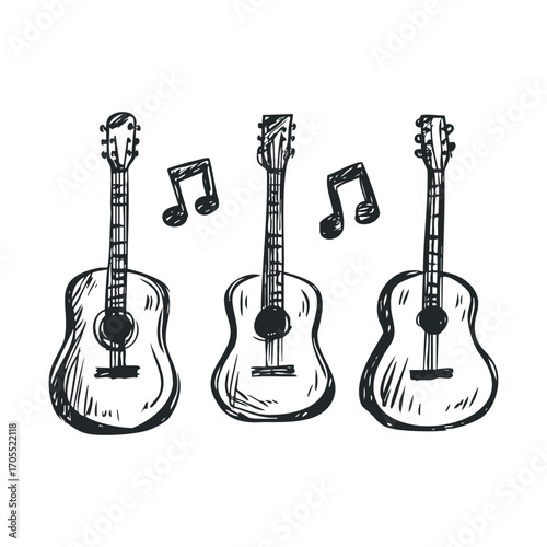 Trio of acoustic guitars with musical notes for creative design. Vector illustration