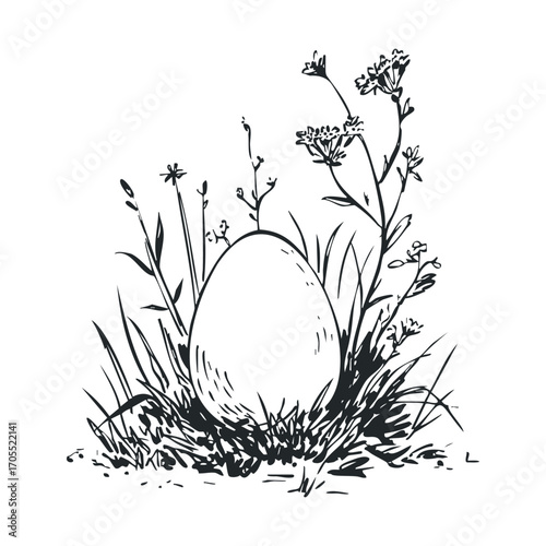 Beautiful spring time egg nestled among wildflowers and grass. Vector illustration