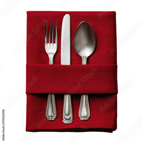 Silver fork, knife, and spoon tucked into a folded red napkin. Clean flat lay on a white background with neat symmetry. Modern hospitality and readiness. Perfect for restaurant menus