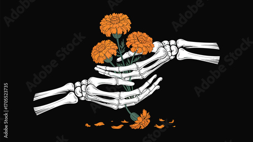 Skeleton hands holding orange marigold flowers on a black background in a digital illustration