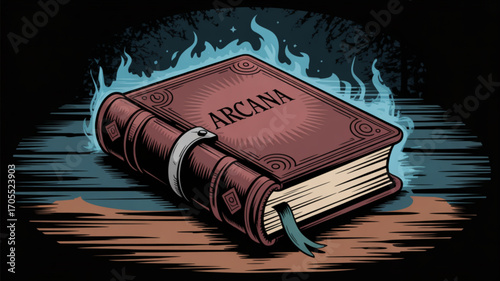 An ancient book of arcana with glowing blue flames, symbolizing magic, mystery, and forbidden knowledge, set on a wooden surface