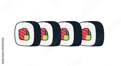 Four delicious sushi rolls with salmon and avocado.