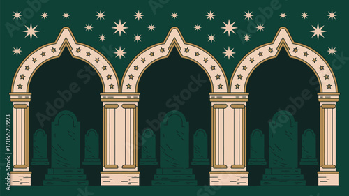 Three arches with stars and columns leading to a dark green background with tombstone shapes