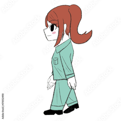 歩いている作業員の女の子