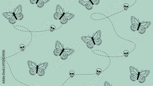 A repeating pattern of black outline butterflies and skulls on a light blue background with dotted lines