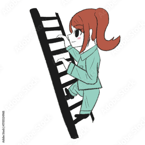 梯子を上る作業員の女の子
