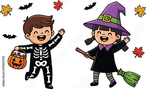 Happy kids in Halloween costumes, skeleton and witch outfits, trick or treat, pumpkin bucket, autumn leaves, bats flying, cartoon fun
